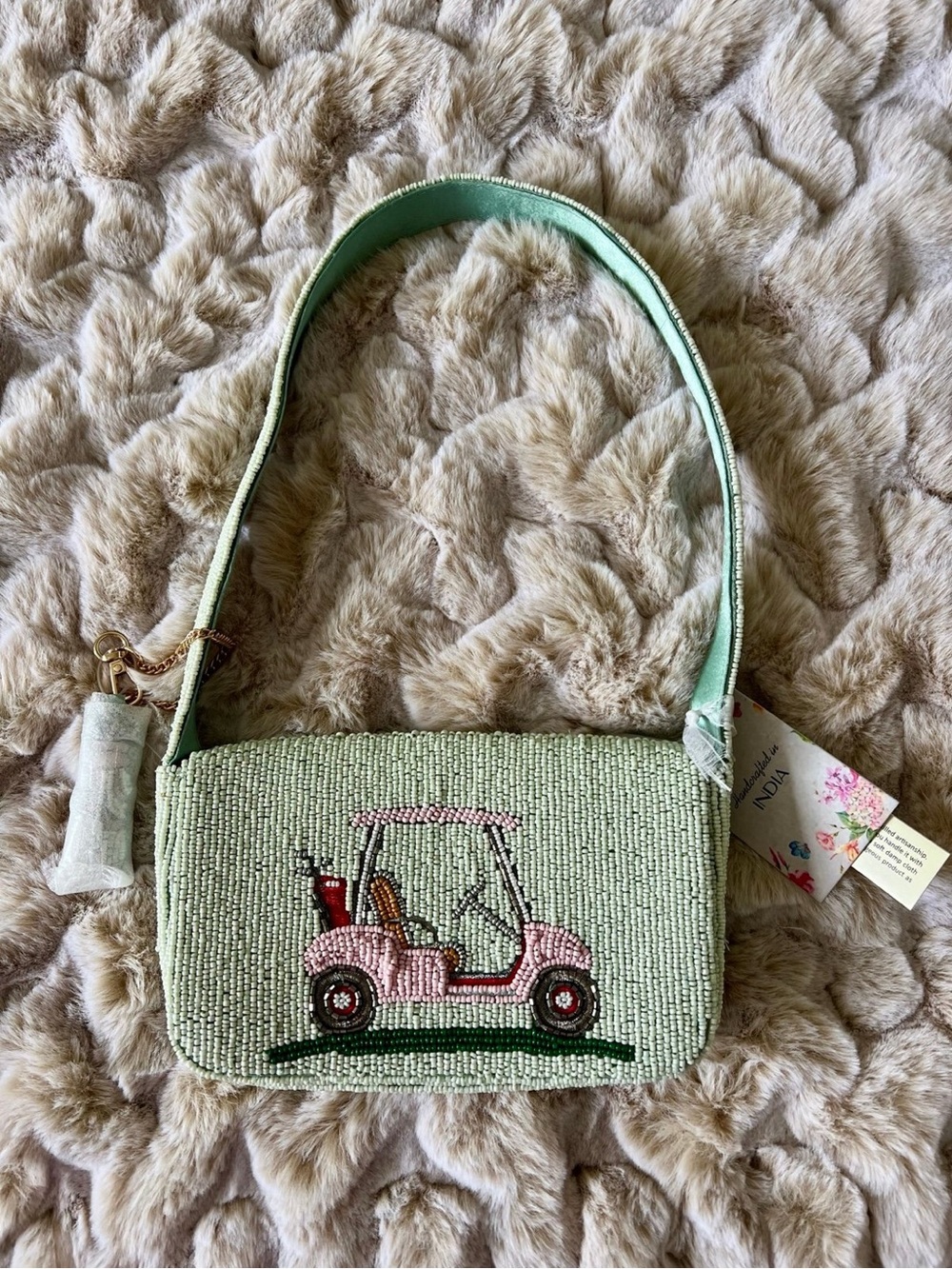 NWT Made in India Golf Cart Hole in One Green Beaded Bag RARE